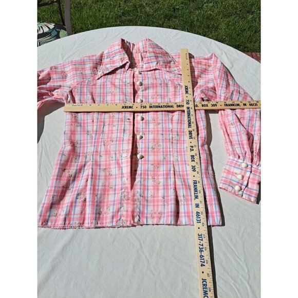 Vintage 70's Pink Plaid Button-Up Blouse Floral Print Puff Sleeves Handmade - Picture 9 of 11